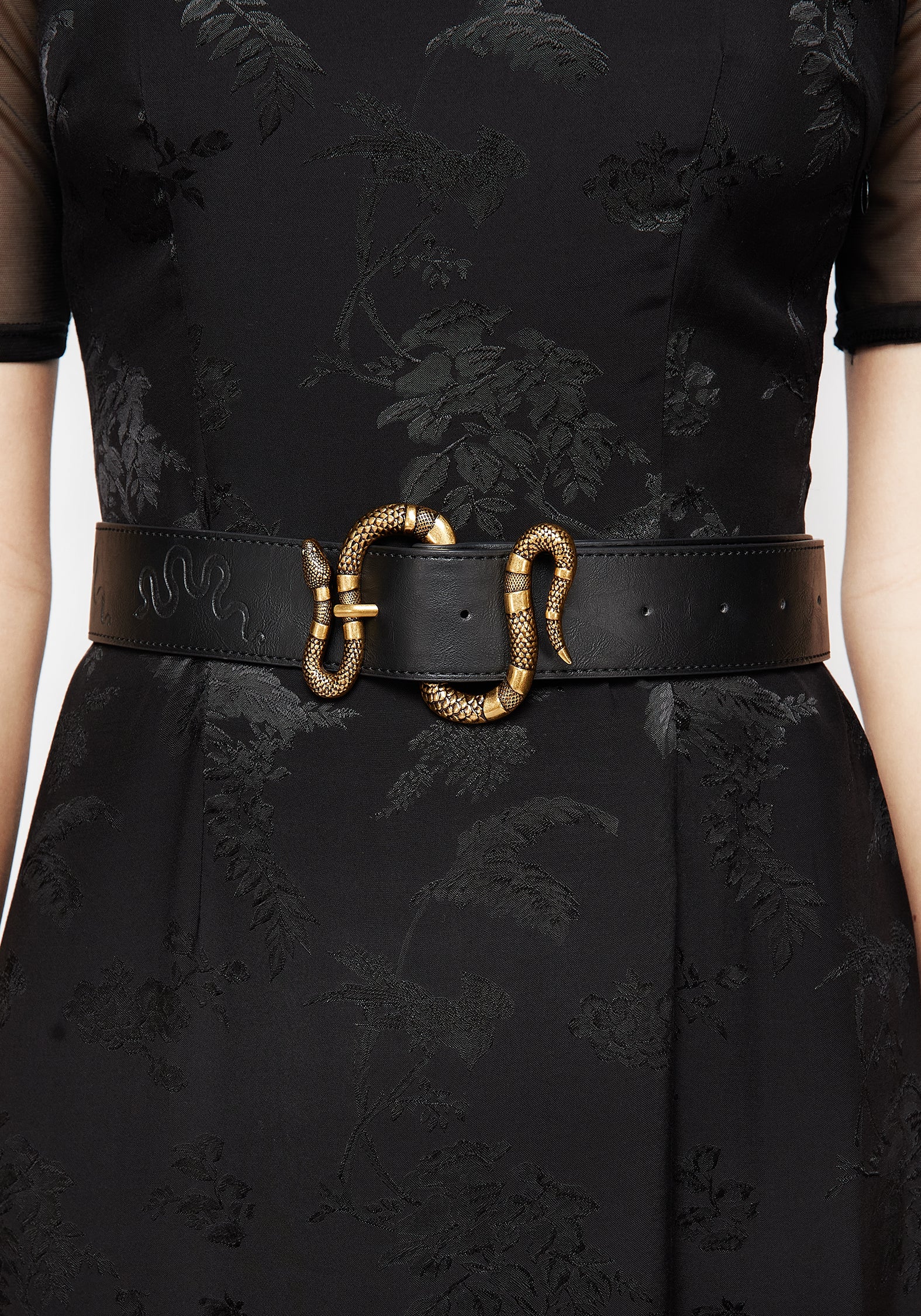 Debossed Snake Belt with Brass Buckle – Edgy Faux Leather Waist Accessory