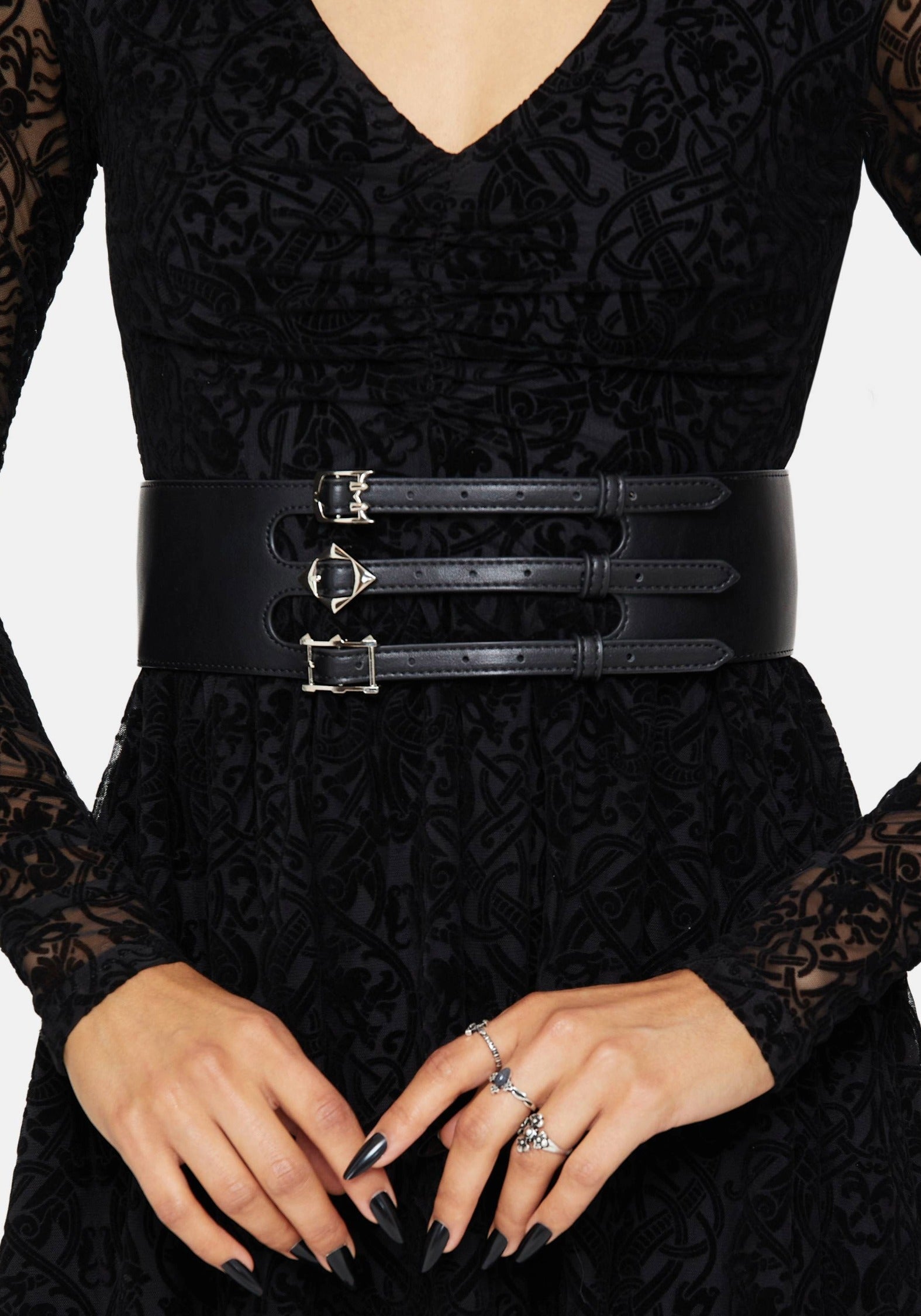Chic Faux Leather Waist Belt with Triple Silver Buckles & Elastic Back - Adjustable & Versatile