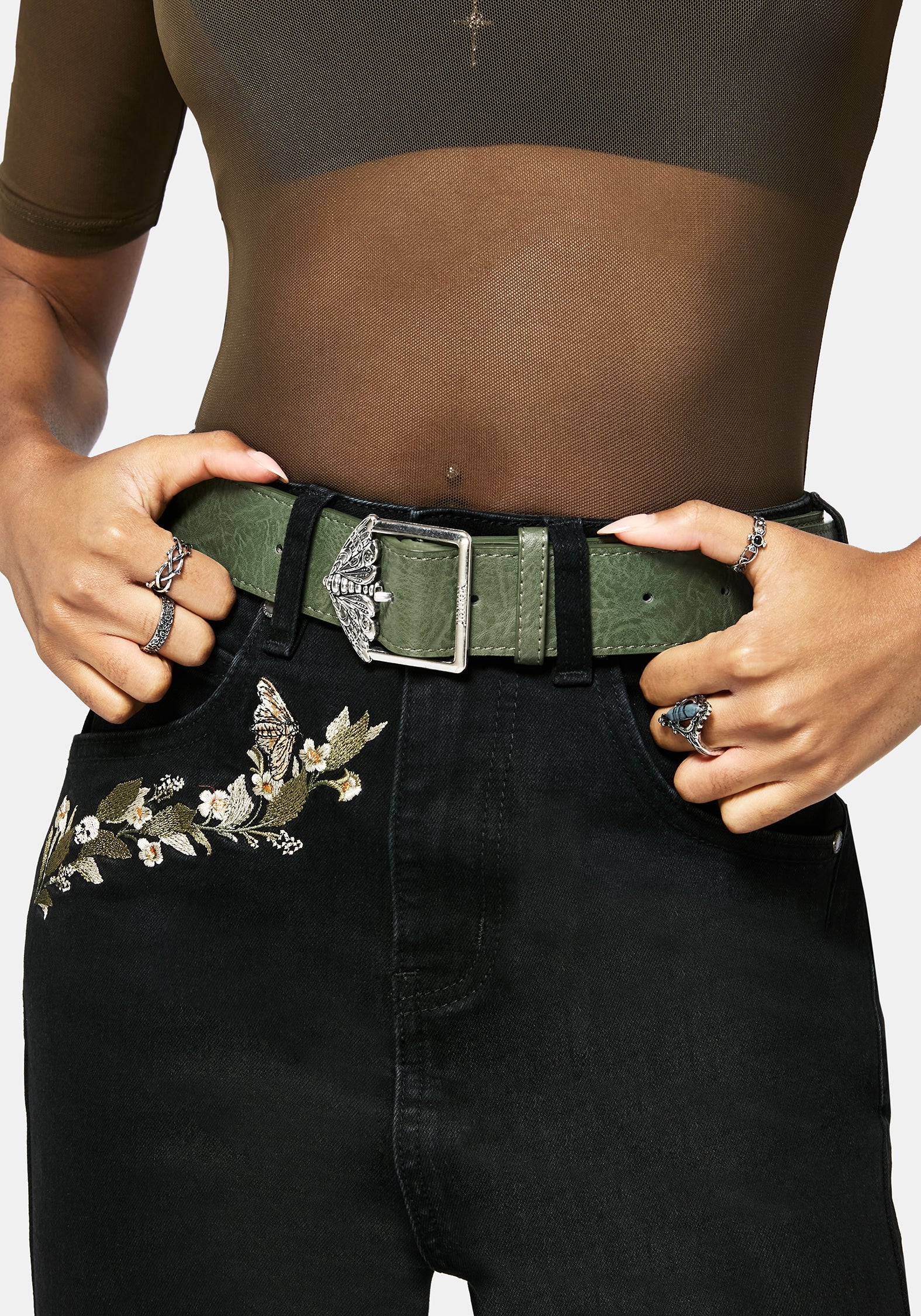 Vintage Green Faux Leather Belt with Rose & Moth Buckle | Gothic Belt