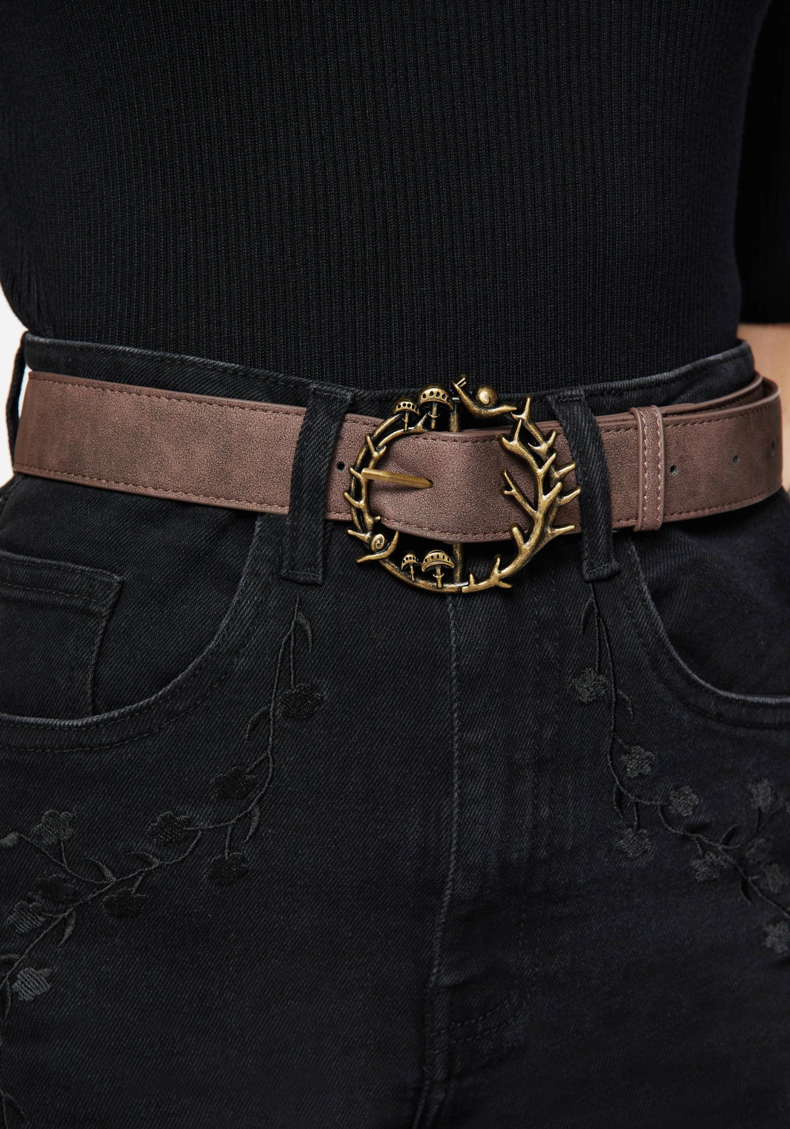 Enchanted Forest Mushroom Buckle Belt | Gold-Tone Hardware, Adjustable Fit