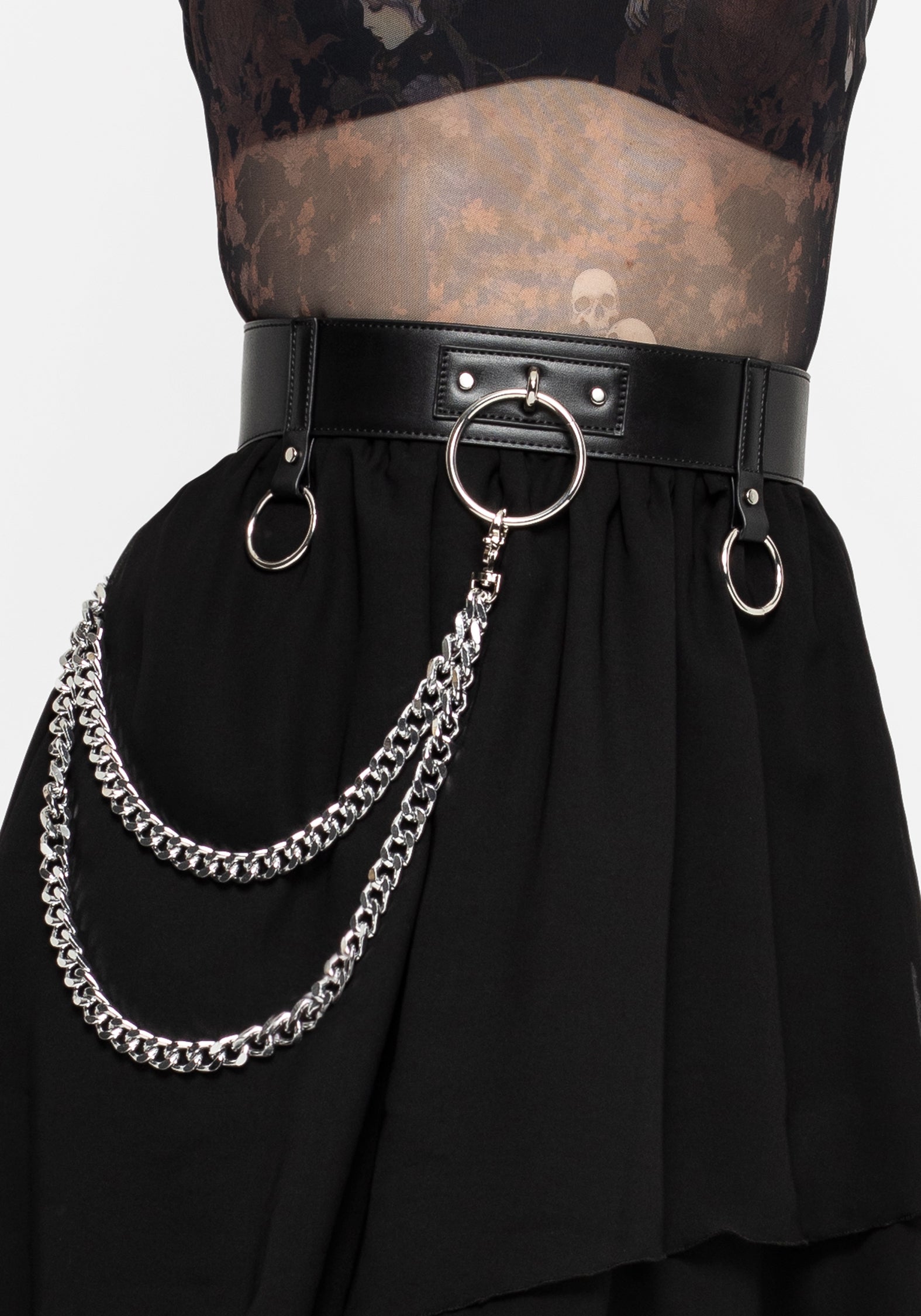 Edgy Faux Leather Chain Waist Belt with O-Rings & Detachable Chains