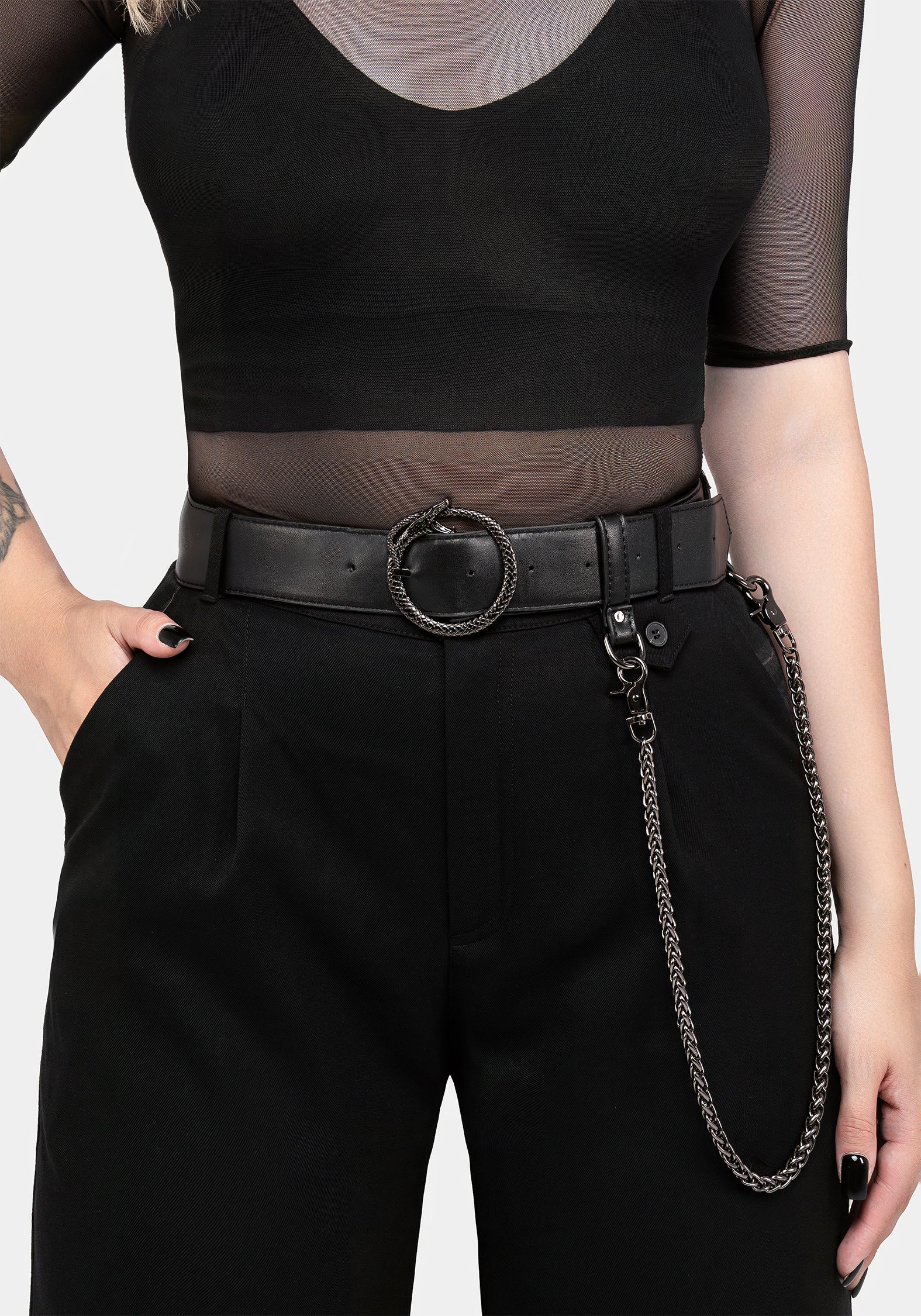 Edgy Snake Buckle Waist Belt - Adjustable PU Leather Belt with Detachable Chain